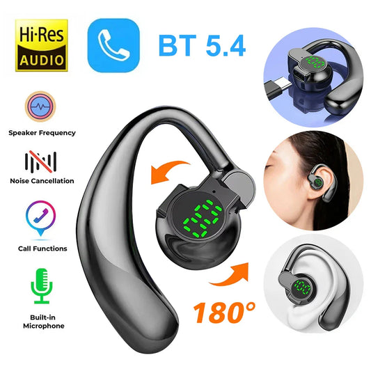 180°Wireless Headphone Bluetooth 5.4 Handsfree Noise Canceling Rotatable Sport Digital Display Earphones Single Ear Earhook