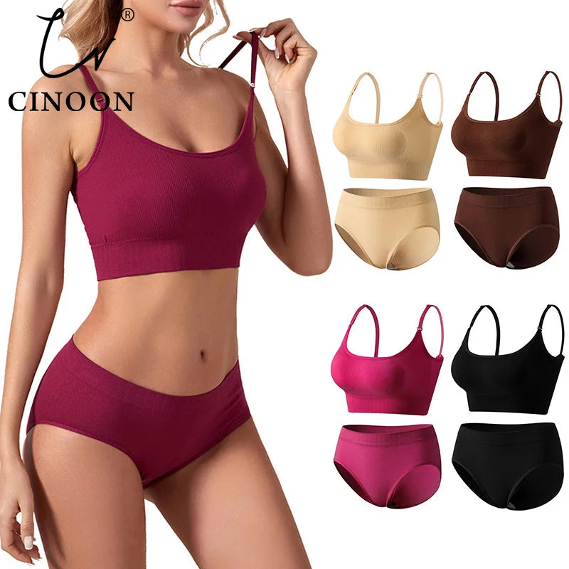 Women Seamless Bra Set Low Waist Panties Wire Free Bra Bralette