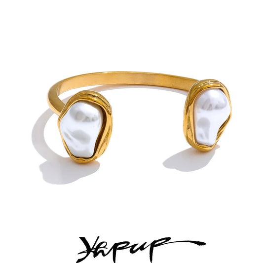 Yhpup 59mm Stainless Steel Baroque Simulated Pearls Cuff Bracelet Bangle Tarnish Resistant Gold Color Wrist Jewelry New
