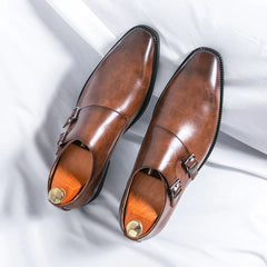 Luxury Monk Leather Men Shoes Buckle Pointed Slip On Loafers Dress Shoes