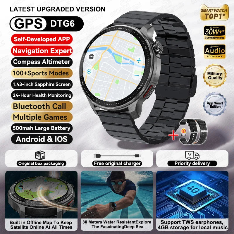 NEW GPS Offline Maps Smart Watch 1.43" AMOLED Military Sports Smartwatch 4GB Memory Video Player 30m Swim Waterproof Bracelet