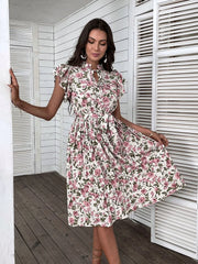 Fashion Boho Floral Printed Pleated Short Sleeve Midi Dress Spring Summer