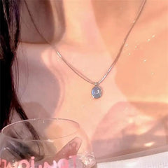 Silver Color Oval Aquamarine Pendant Necklace Ladies Girls Luxury Snake Chain