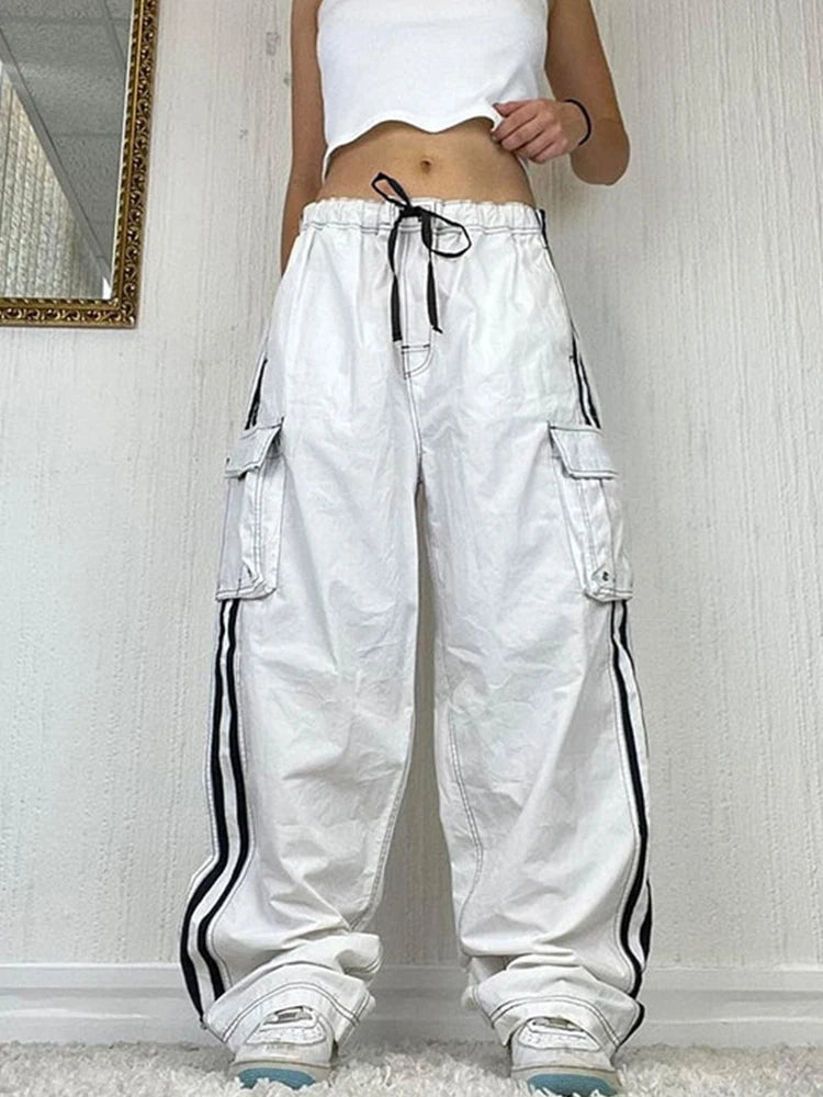 Women's Striped Wide Leg Sweatpants Lace-up Elastic Waist Work Pants