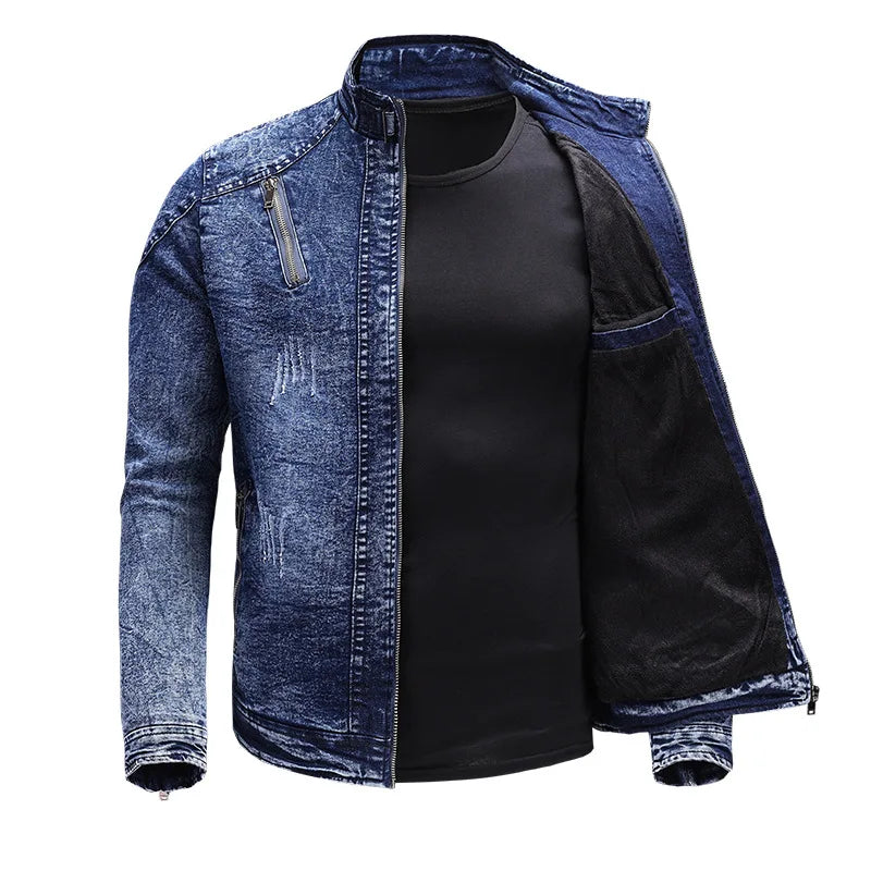 Motorcycle Denim Jacket Men Retro Zippers Stand Collar Denim Coats