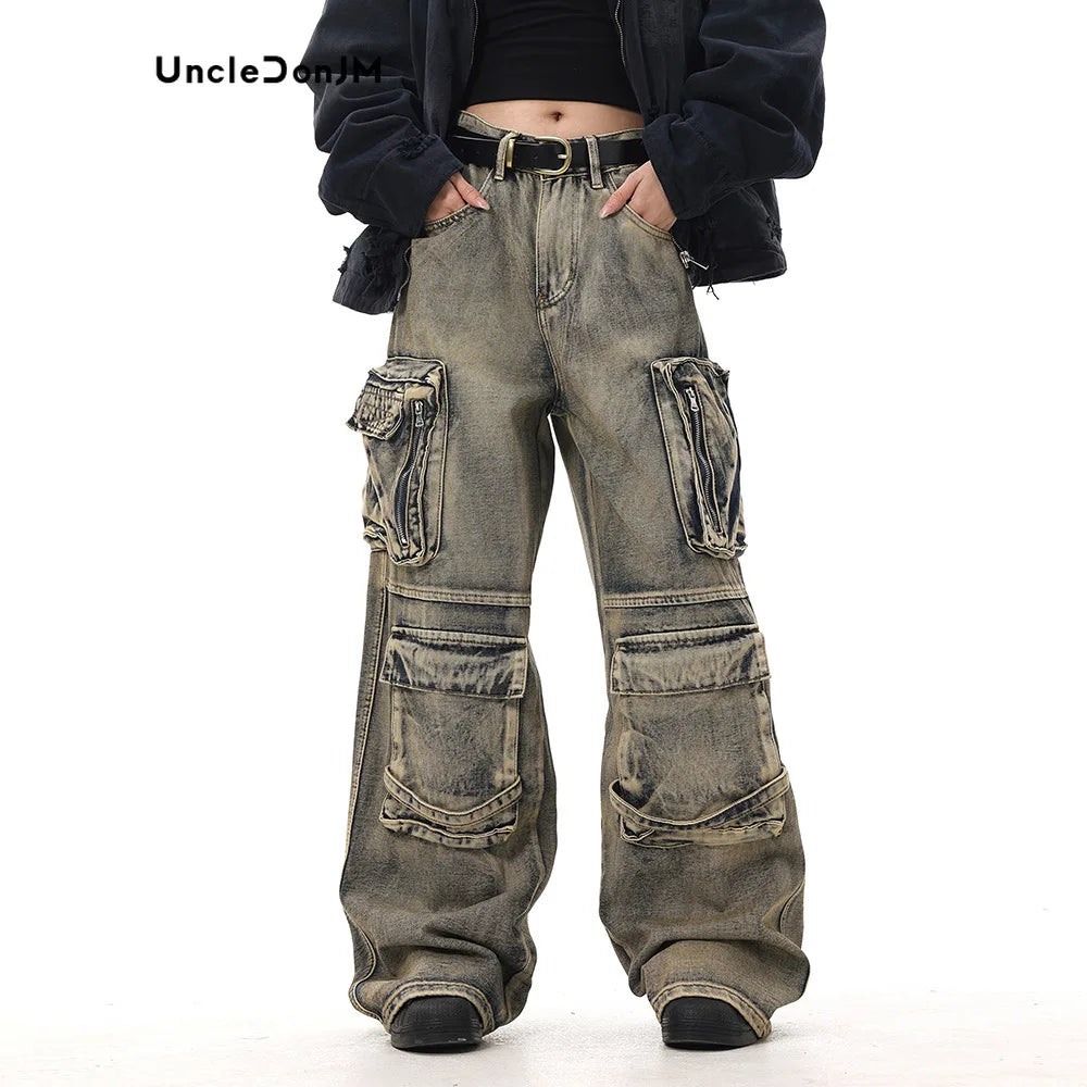 Wasteland Style Multi Pocket Denim Workwear Pants Men's Loose Straight Leg Pants