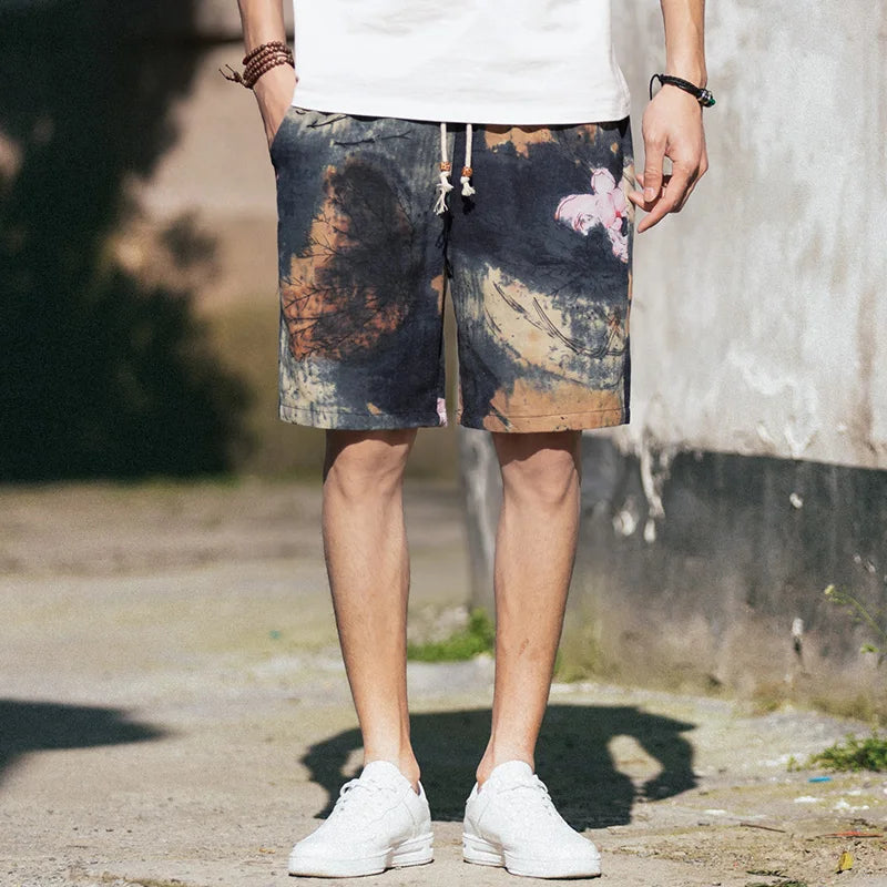 2026 Summer New Boutique Flower Cotton Linen Men's Casual Beach Shorts Men's Comfortable Breathable Leisure Shorts Male XXXXXL