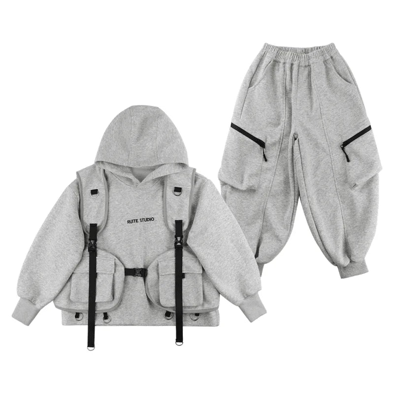 Fashion Boys Suits spring Autumn Pocket Letter Pullover Hooded Top+ Loose Pants 3pcs Kids Sets Casual Sportwear Handsome Clothes