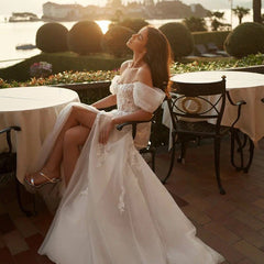 Elegant A-Line White Wedding Dresses Off The Shoulder Appliques Split