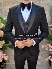 Black Wedding Suits For Men Luxury Crystals Gemstone Beads Jacket Vest Pants