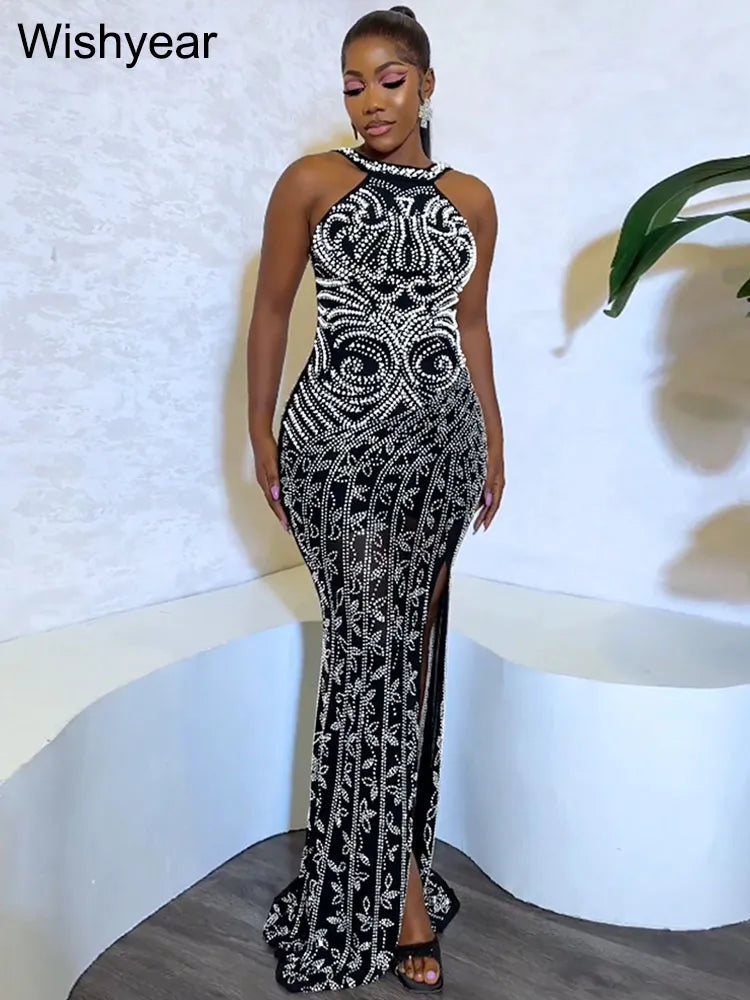 Formal attire Dresses: Rhinestone Mesh Crystal Beaded Slit Backless Bodycon Maxi