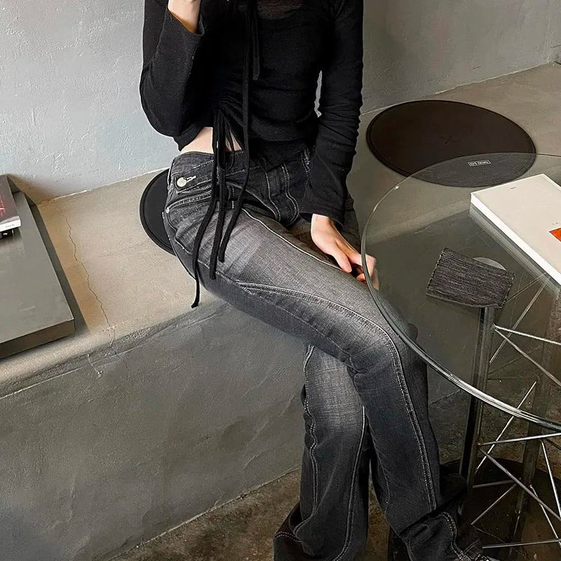 Vintage Distressed Low Waist Jeans Grunge Asymmetrical Waist Denim Pant