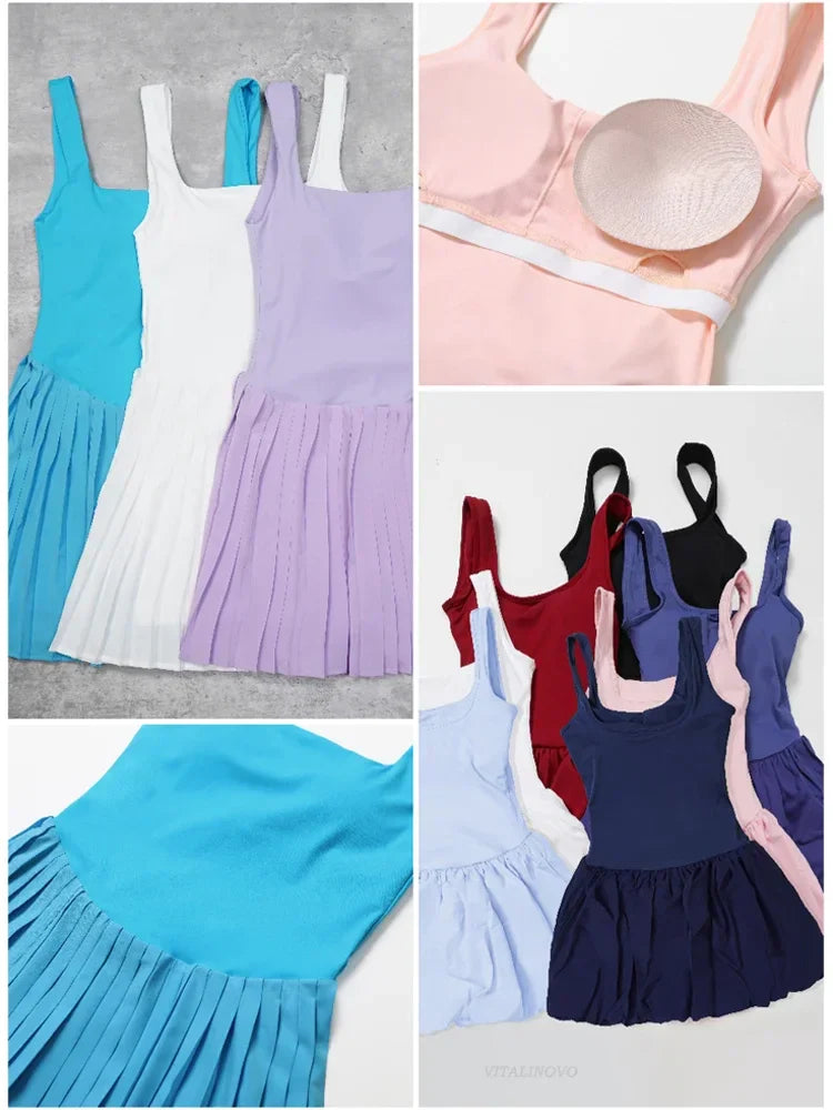 VITALINOVO Workout Tennis Dress with Built in Shorts Square Neck Padded Workout Dress with Pockets Golf Athletic Mini Dresses