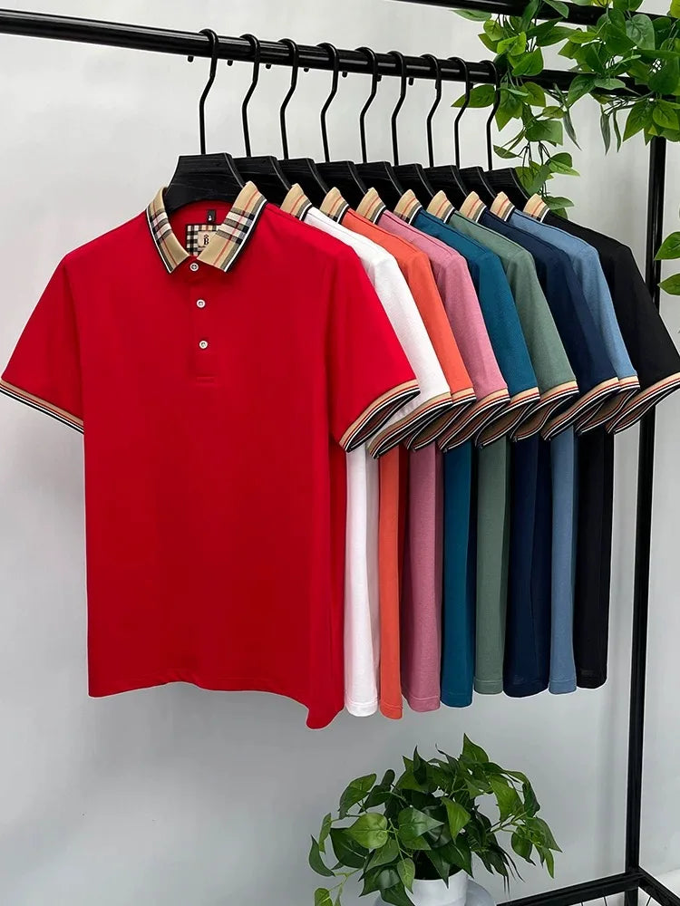 High end silky cotton breathable short sleeve polo shirt men's summer new trend plaid lapel designer brand casual golf T-shirt