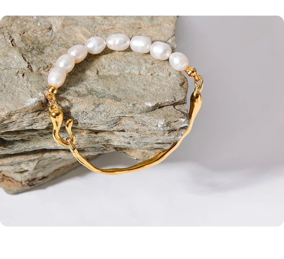 Yhpup Luxury Natural Freshwater Pearls Stainless Steel 18k Gold Color Bracelet Bangle Temperament Fashion Jewelry Women New Gift