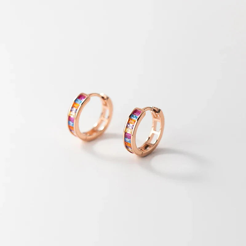 WANTME 925 Sterling Silver Fashion European Colored Zircon Circle Huggies Hoop Earrings for Women Elegant Gold Wedding Jewelry