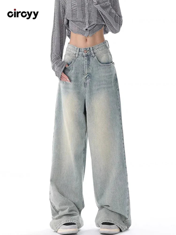 Waisted Jeans Women Autumn Button Full Length Wide Leg Denim Pants