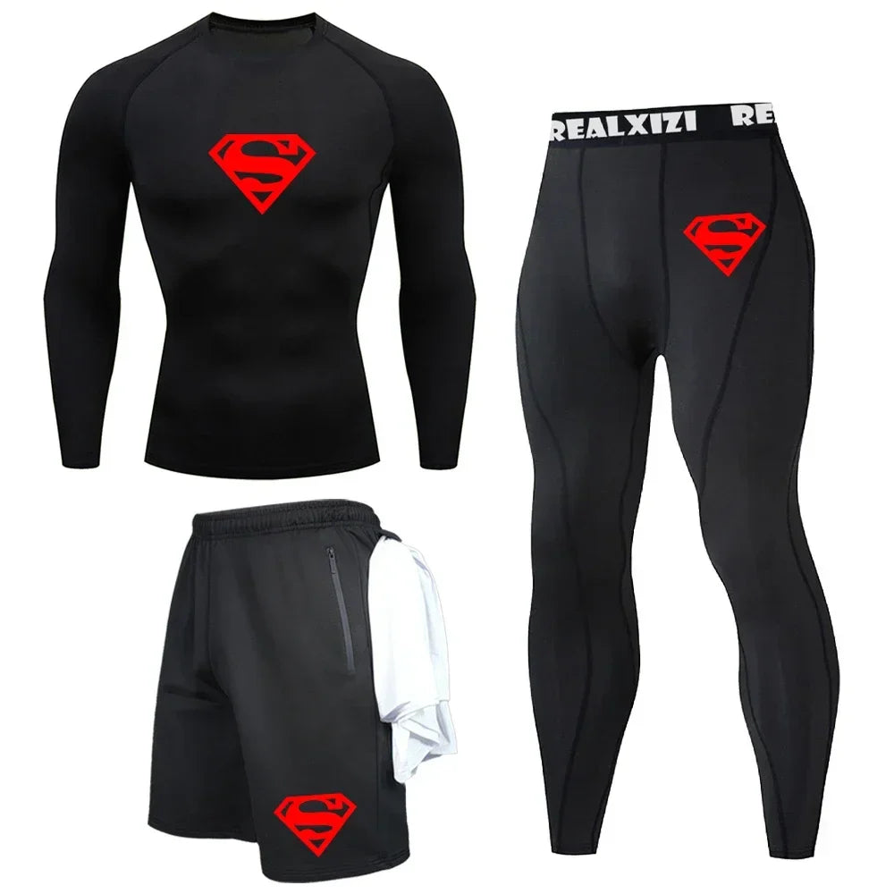 Bat Graphic Print Long Sleeve Set Men's Compression T-Shirt Shorts Pants Suit 3 Piece Set Spring Summer Gym Fitness Sportswear
