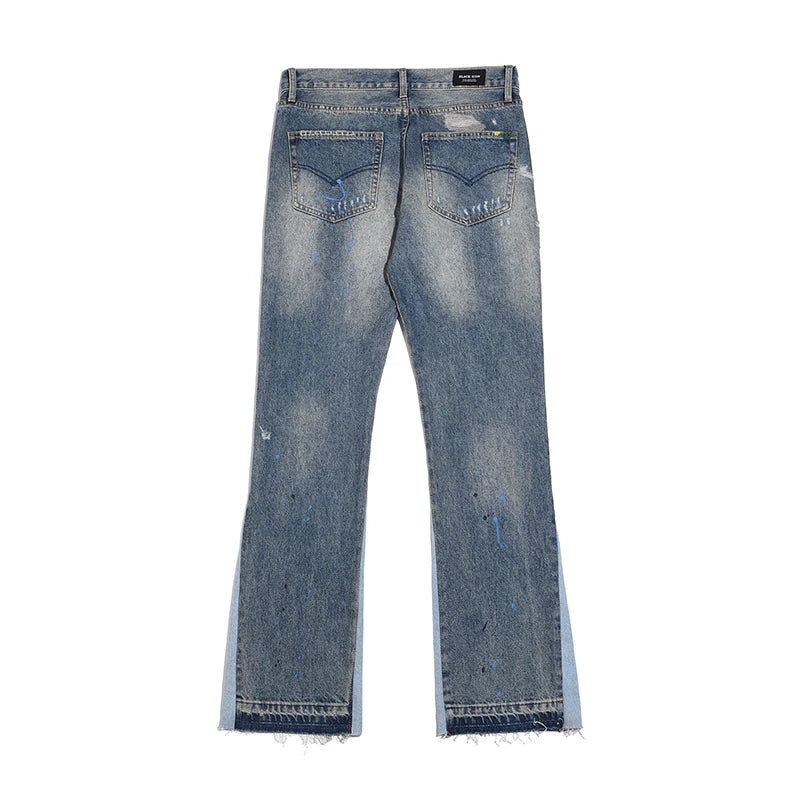 High Street Retro Ink Splash Patchwork Ripped Jeans Flare Pants Men and Women