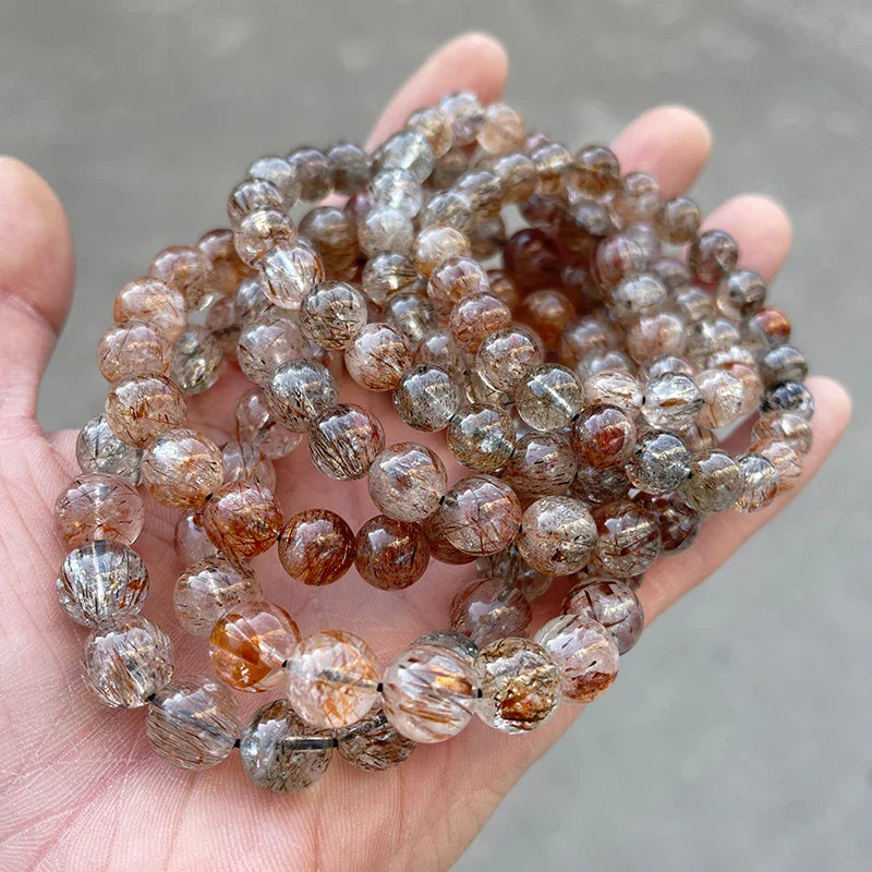 Natural Black Golden Super Seven Quartz Crystal Bead Bracelets Women Fashion Reiki Healing Energy Gemstone Bangles Wrist Jewelry