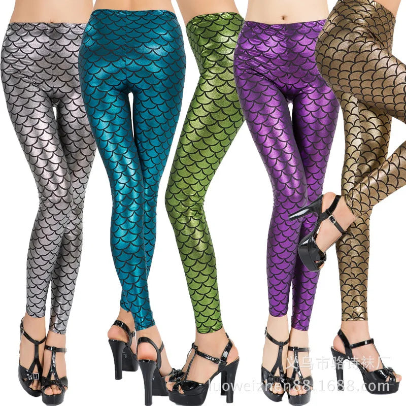 Fashion Shining Mermaid Fish Scale Leggings Women Silky Sparkling Simulated Leather