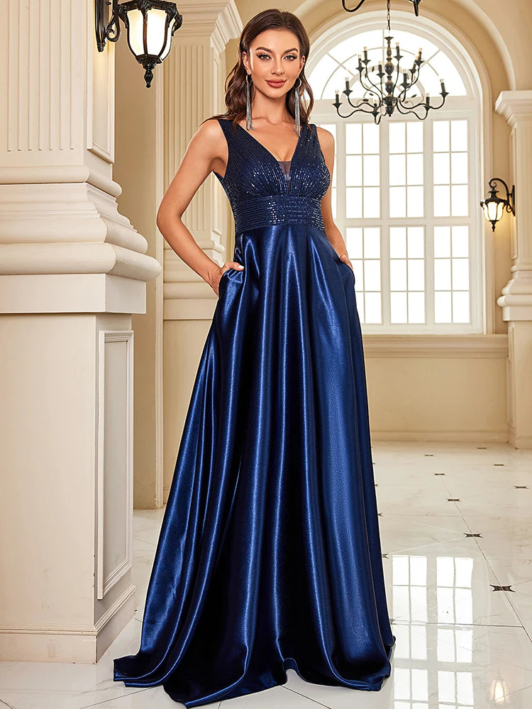 Homecoming Dresses: Evening Dress For Women Deep V-neck Satin Prom Gowns