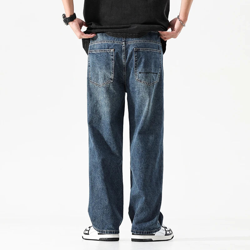 Baggy Jeans Men Wide Leg Jeans Dark Blue Denim Pants Straight