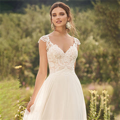 Wedding Dress A Line Cap Sleeves Illusion Back For Women V Neck Bridal Gowns