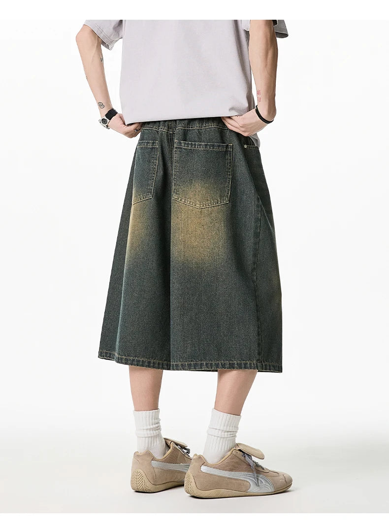2025 Summer Men's Wide Leg Jeans Shorts Vintage Distressed Wash Y2K Straight Elastic Waist Loose Casual Relaxed Fit