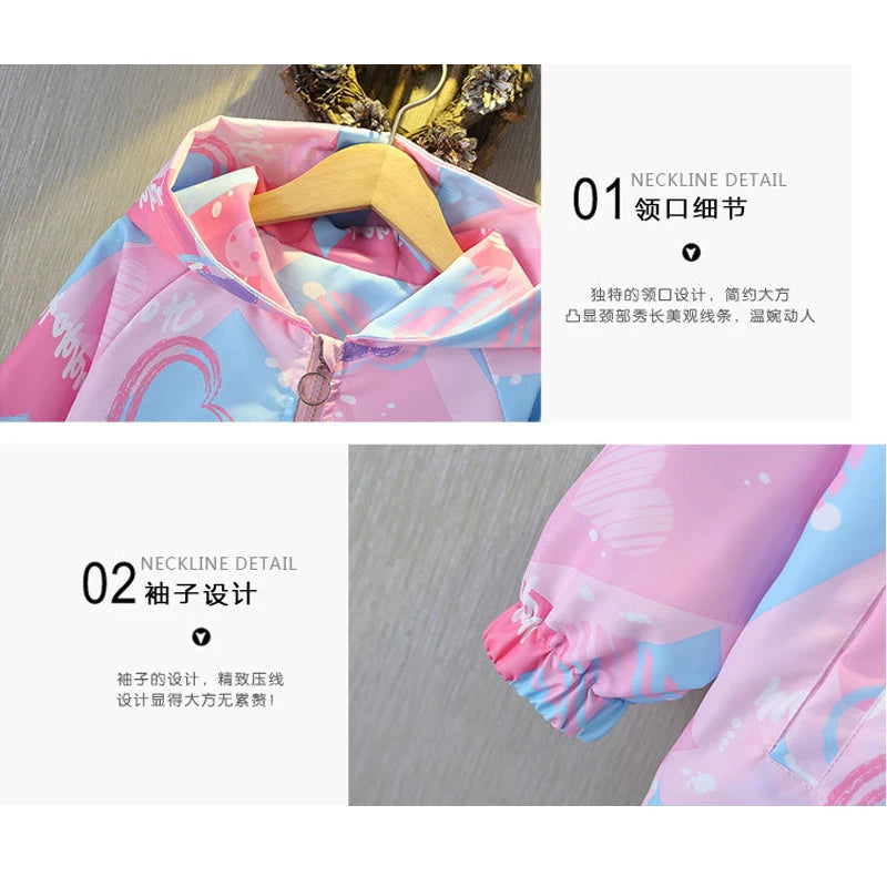 Teenagers Girls Coats Spring Autumn Full Printed Love Pattern Hooded Parkas For Kids