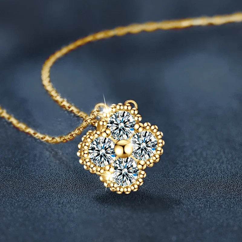 18k Gold Plated 925 Silver 3mm Moissanite Necklace Earrings Bracelet Sets 3 In 1 Clover Flower Charm Jewelry Set for Women Gift