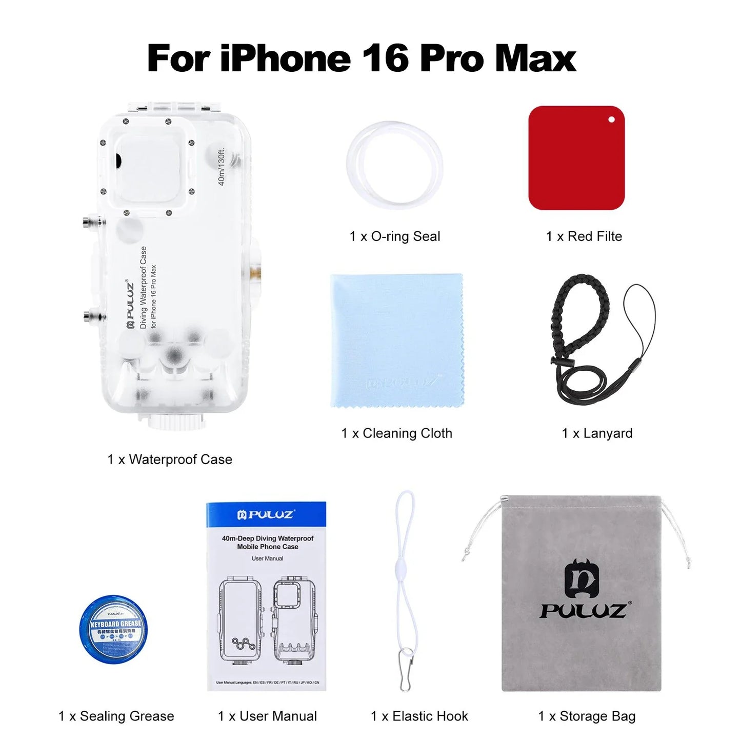 PULUZ 40m/130ft Waterproof Diving Case for iPhone 16 15 14 13 12 11 Pro Max Plus Photo Video Taking Underwater Housing Cover