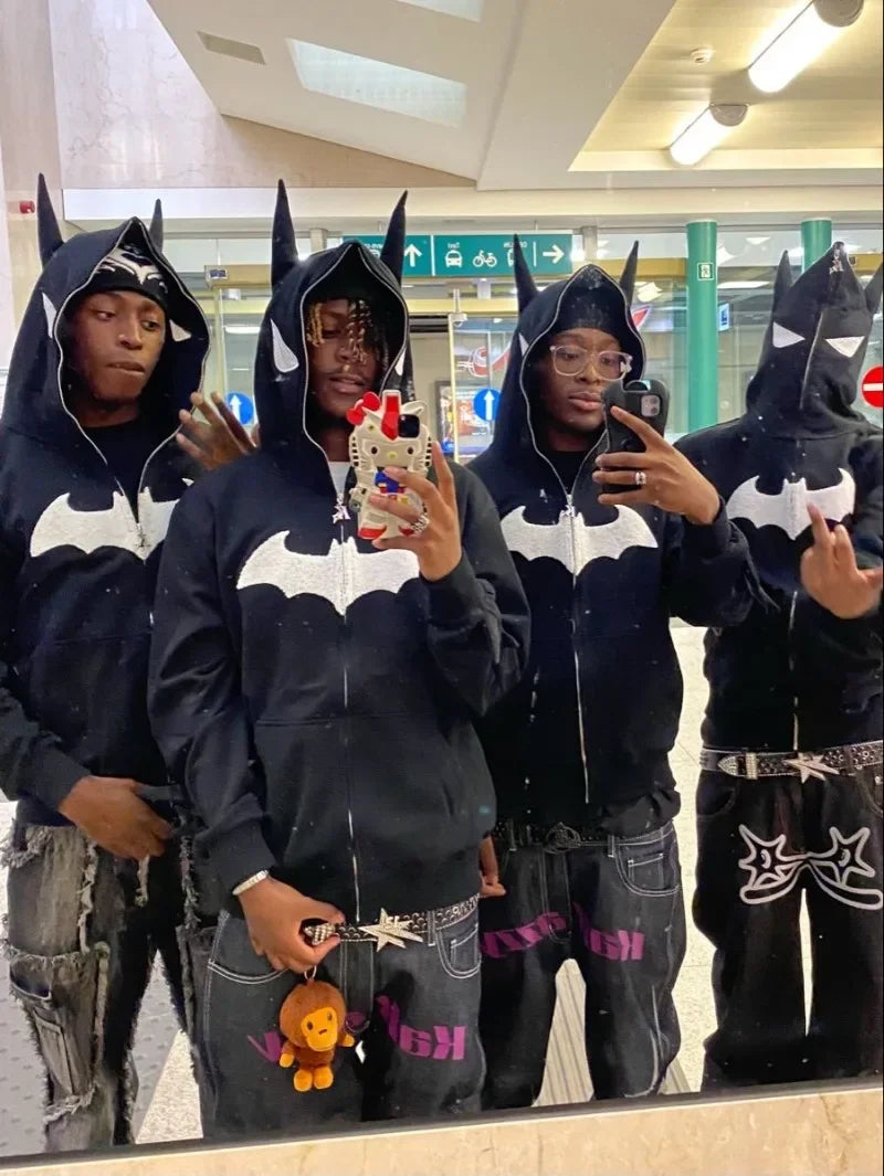 Y2K zip up hoodie Gothic Embroidery Bat anime hoodie Hip hop Men women oversized