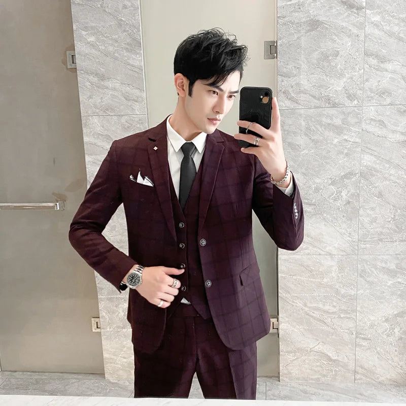 ( Jacket + Vest + Pnats ) Spring and Autumn Plaid Suit Men Luxury Slim Fit Dress Mens Formal Business Office Plaid Suit Groom