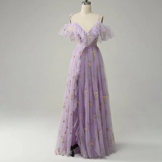Homecoming Dresses: Wedding Party Dress A Line High Split V Neck Ruffled Prom Dress