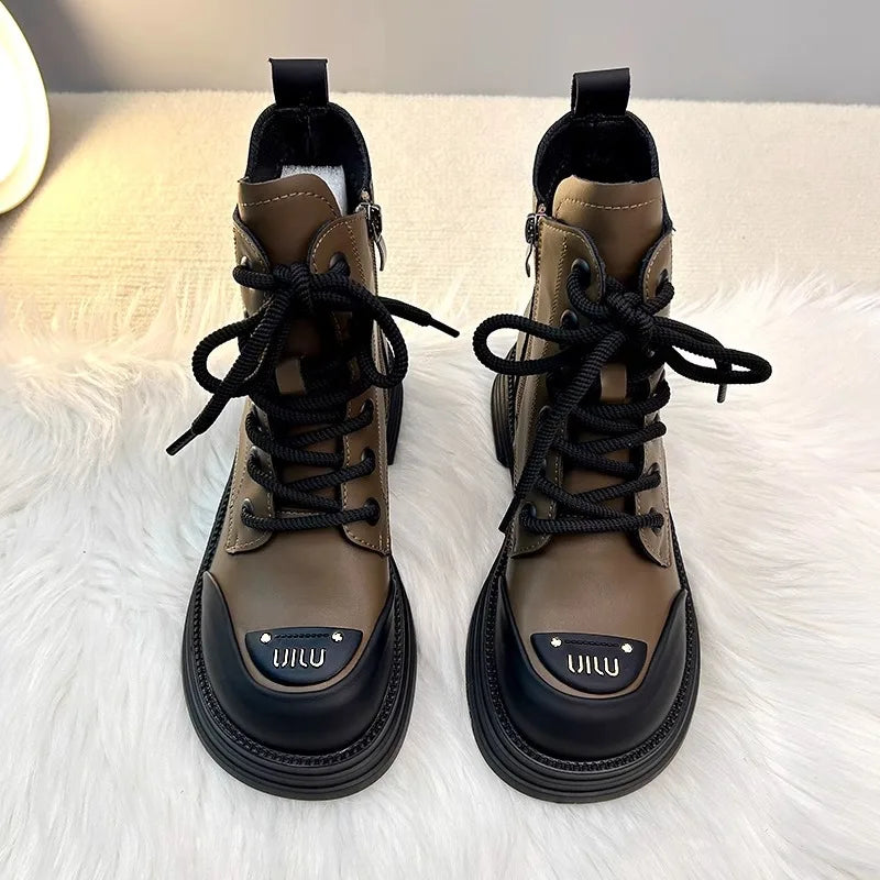 Brand British style short boots for women's winter thick soled casual plush