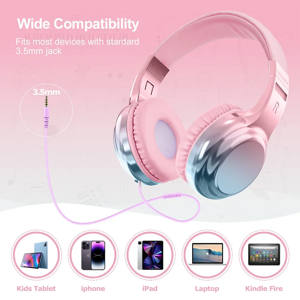 Kids Headphones Wired for School 85/94dB Volume Limiter Foldable Stereo Sound Headset with Mic for Kids Girls Learning Tablet PC