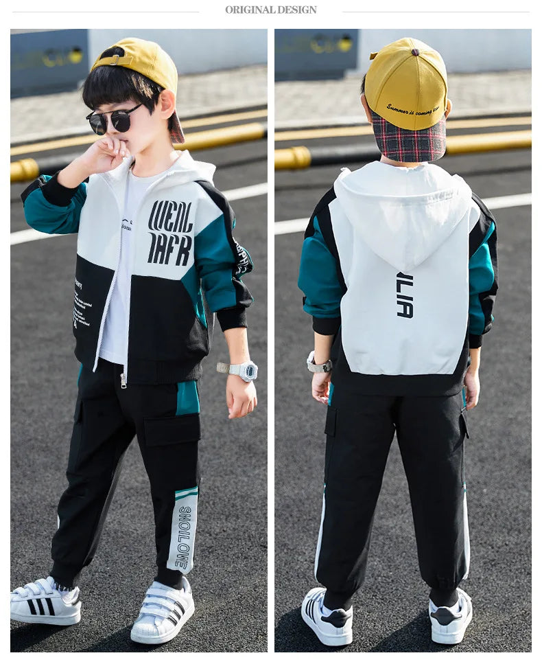 2026 winter spring Tracksuit Clothes Boys Teenager Kids zipper splicing Child set jacket hooded + striped Pant 8 9 10 11 12 year
