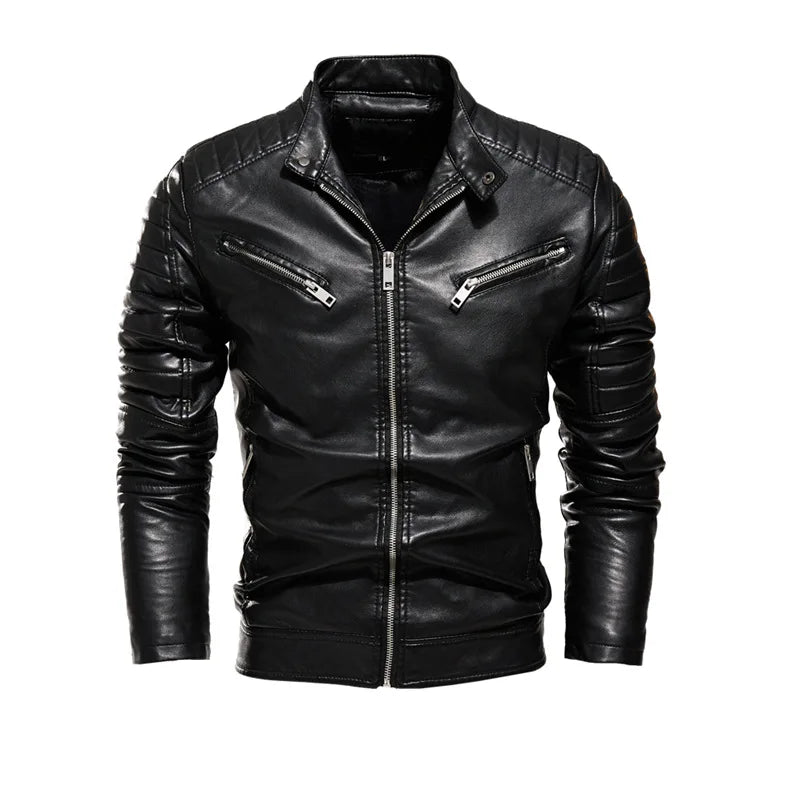 Winter Black Leather Jacket Men Fur Lined Warm Motorcycle Jacket Slim Street