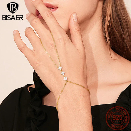 BISAER 925 Sterling Silver Finger Ring Bracelet Hand Chain Trendy Thin Dainty Stackable Chain Plated Gold for Women Fine Jewelry