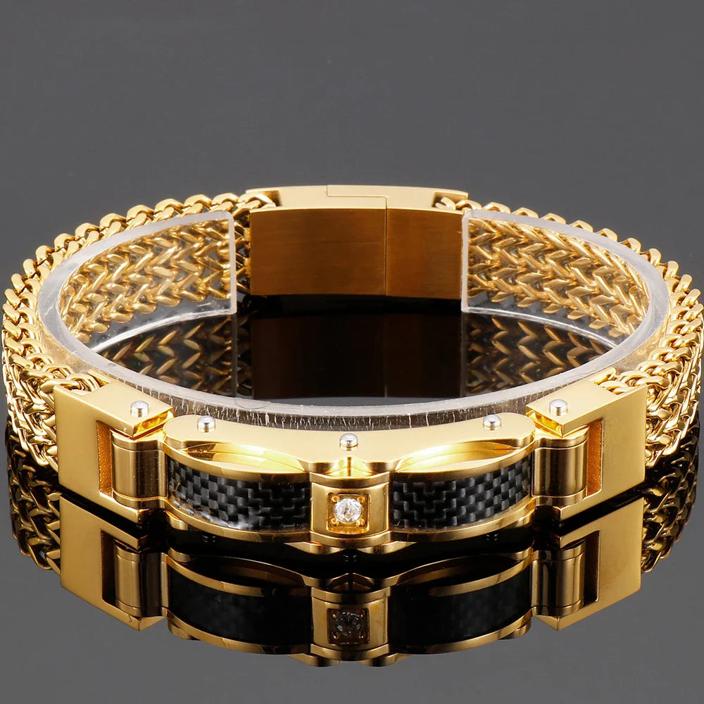 Luxury Bracelet for Men Gold Color 12MM Wide Stainless Steel Square Franco Link Chain Men's Wrist Bracelets With Magnet Clasp