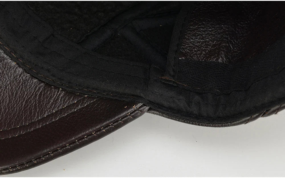 New Style Casual Real Leather Earflap Cap Men Real Cowhide Leather Caps Male Fall Winter Genuine Real Cow Leather Baseball Hats