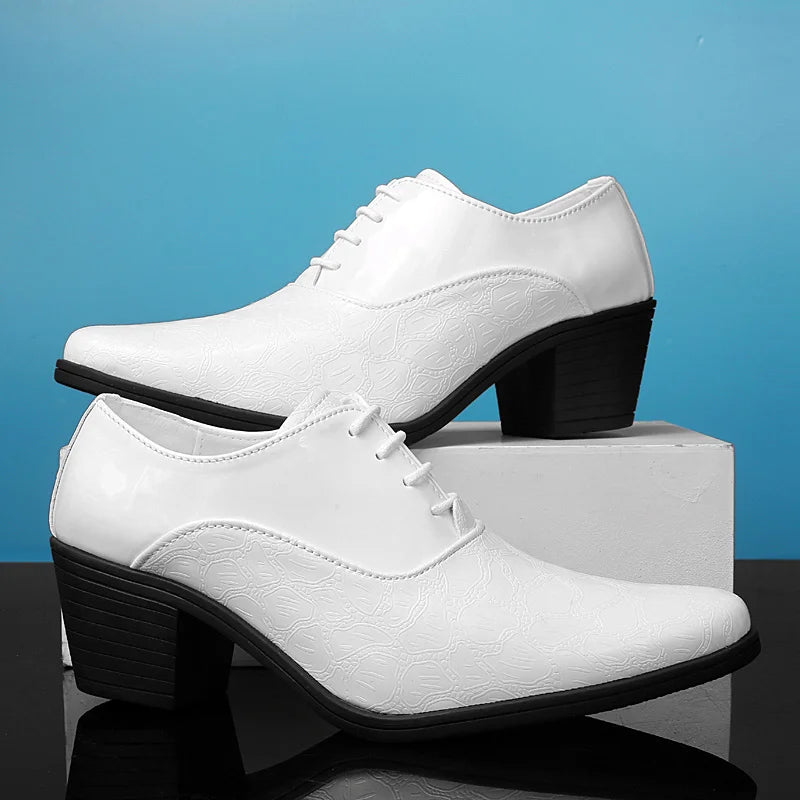 Trendy High Heel Men White Dress Shoes Pointed Toe Lace-up Men Formal Shoes Leather Glitter Men Oxfords Shoes Zapatos Hombres