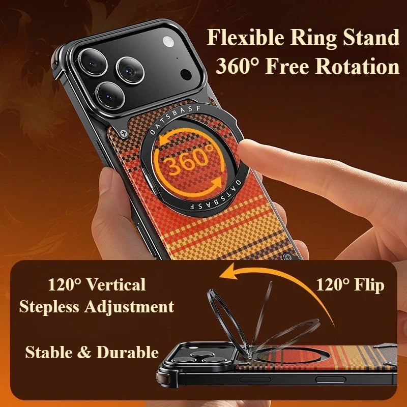Luxury aluminum alloy phone case iPhone 17 Pro/Pro Max/17 Air with 360° rotating magnetic shockproof carbon fiber texture cover