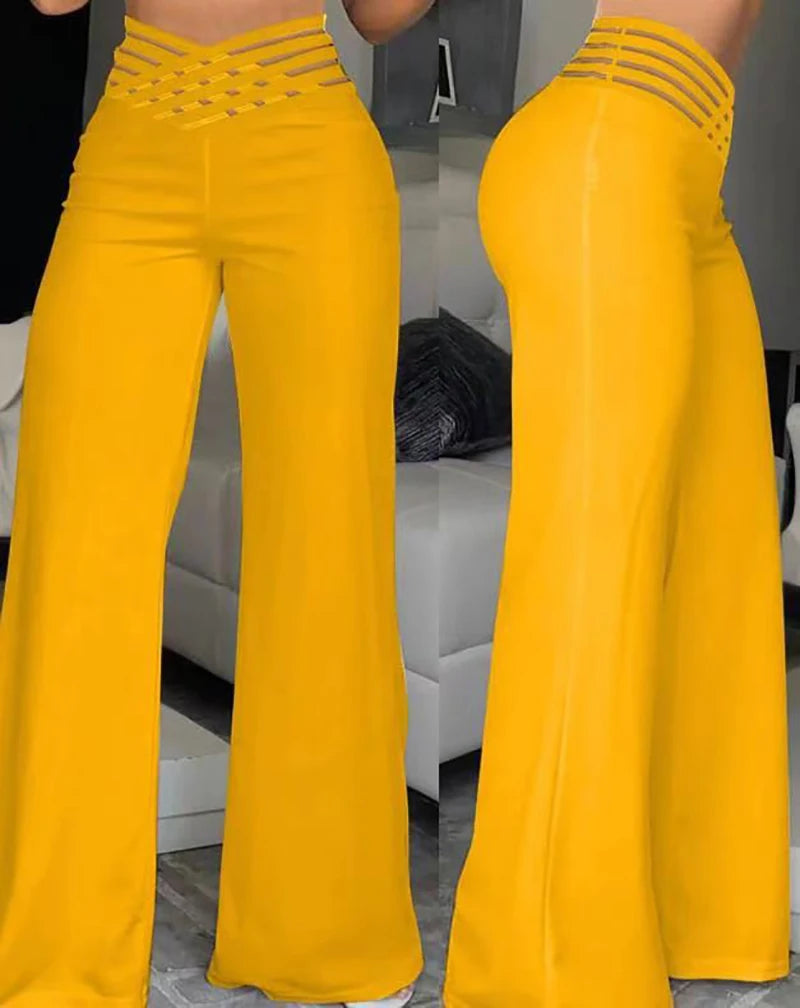 Women Wide Leg Flared Pants Crisscross Sheer Mesh Patch High Waist Pant