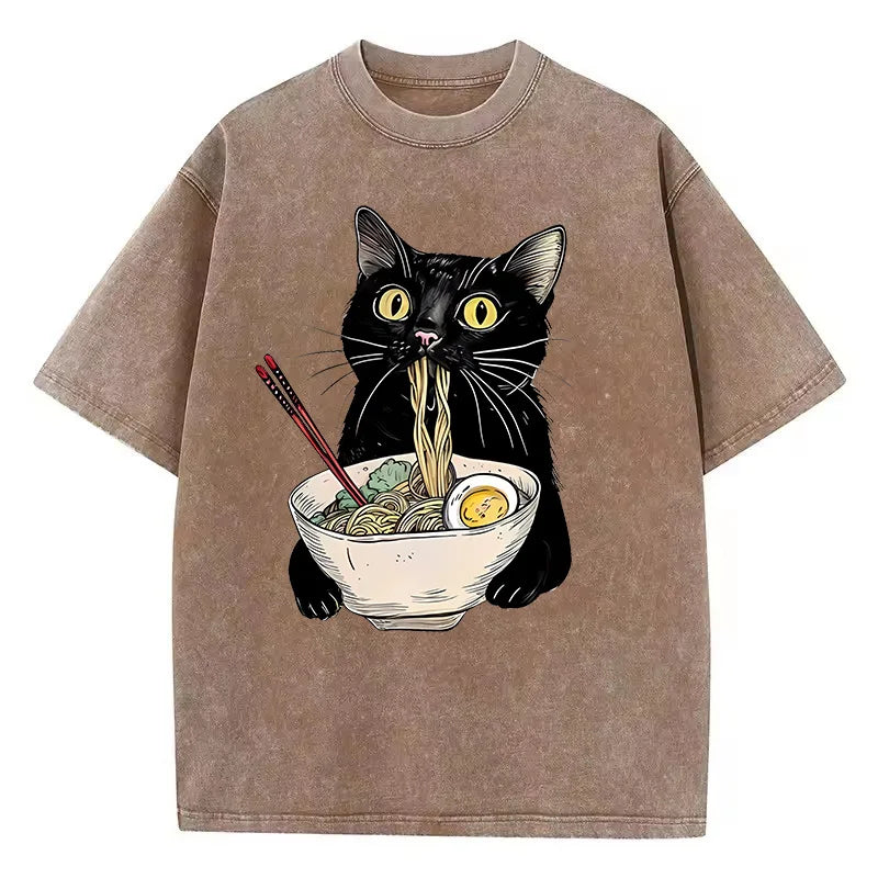 Unisex Hip Hop T Shirt Vintage Washed 100% Cotton T-Shirt Black Retro Cat Eating Ramen Graphic Tee Casual Streetwear