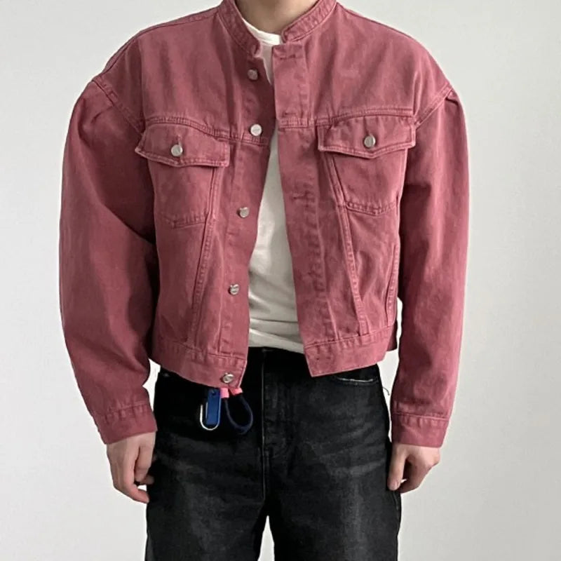 Fashion Men's Denim Jacket High Street Male Stand Collar Top Solid Color Short Coat