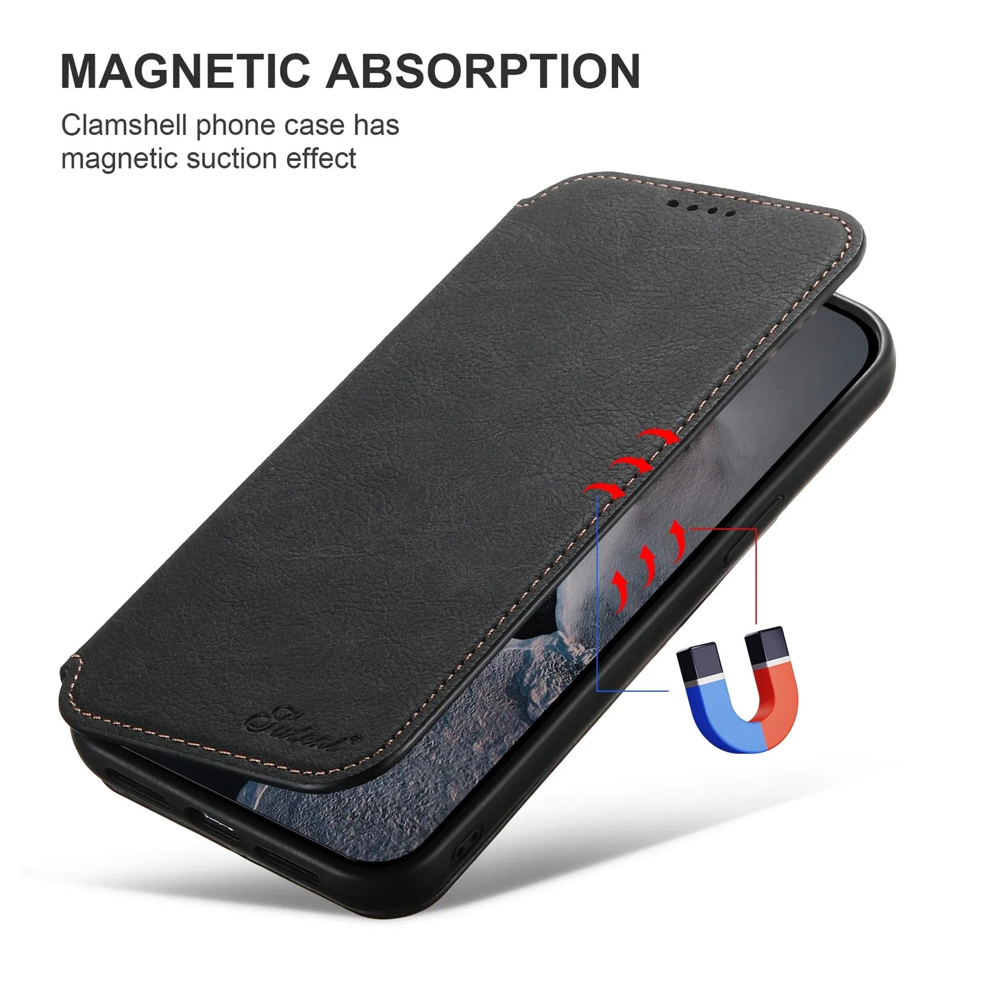 SUTENI Compatible Wireless Charging Leather Phone Case For iPhone 12 13 14 15 16 Plus 17 Pro Max Flip Cover Wallet Card Holder