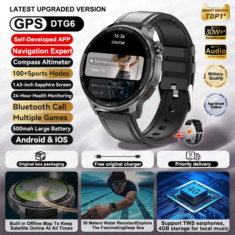 NEW GPS Offline Maps Smart Watch 1.43" AMOLED Military Sports Smartwatch 4GB Memory Video Player 30m Swim Waterproof Bracelet