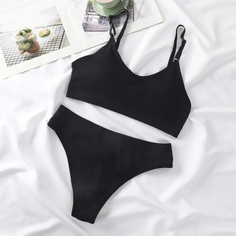 Women Seamless Bra Set Lingerie High Waist Cotton Thong Panties Wire Free